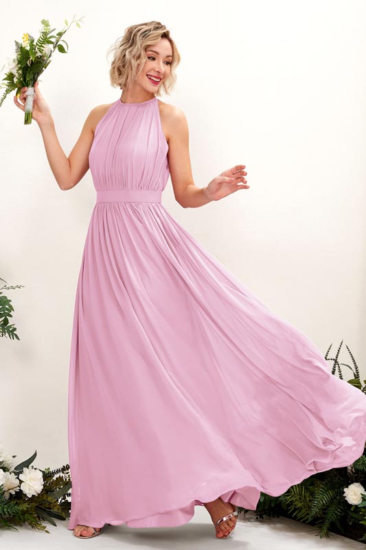 Vestido de dama de honor A‑line de gasa con tirantes halter, sin mangas y largo hasta el suelo para boda