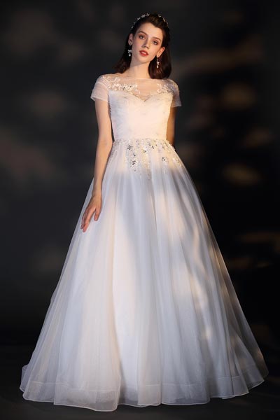 vestido de novia de novia con apliques de encaje brillante