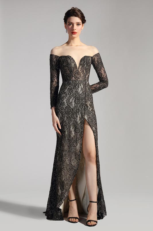Robe de Soirée Bal à Col en V et Manches Longue