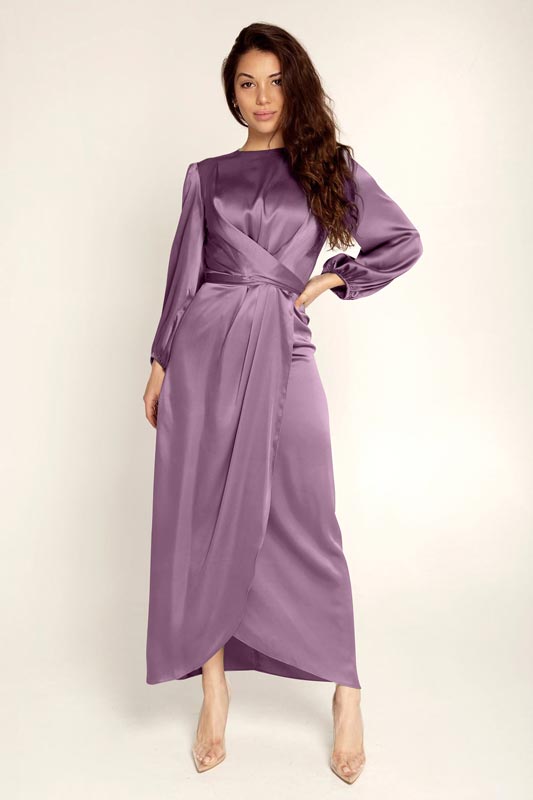 New Women's Elegant Empire Waist Long Sleeve Satin Maxi Dress