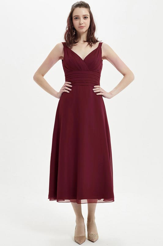 A-Line Chiffon Illusion Tea-Length Sleeveless Bridesmaid Dress for Wedding Party