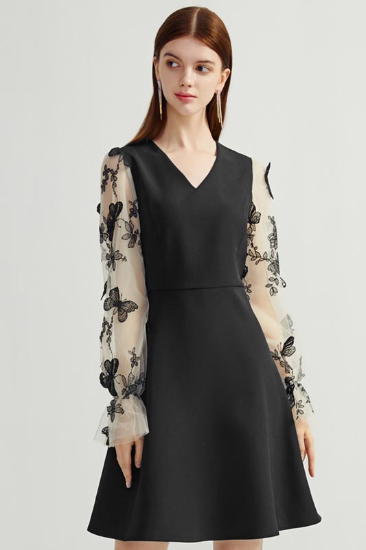 Women Long Lace Sleeves Chic Black Dress