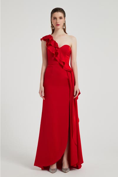 Robe de Soirée Rouge Une Bretelle à Fente Haute
