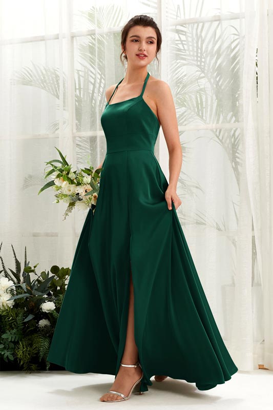 A-Line Satin Halter Sleeveless Floor-Length Bridesmaid Dress for Wedding Party