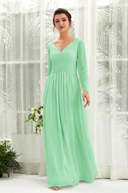 A-Line Chiffon V-Neck Floor-Length Long Sleeve Bridesmaid Dress for Wedding Party