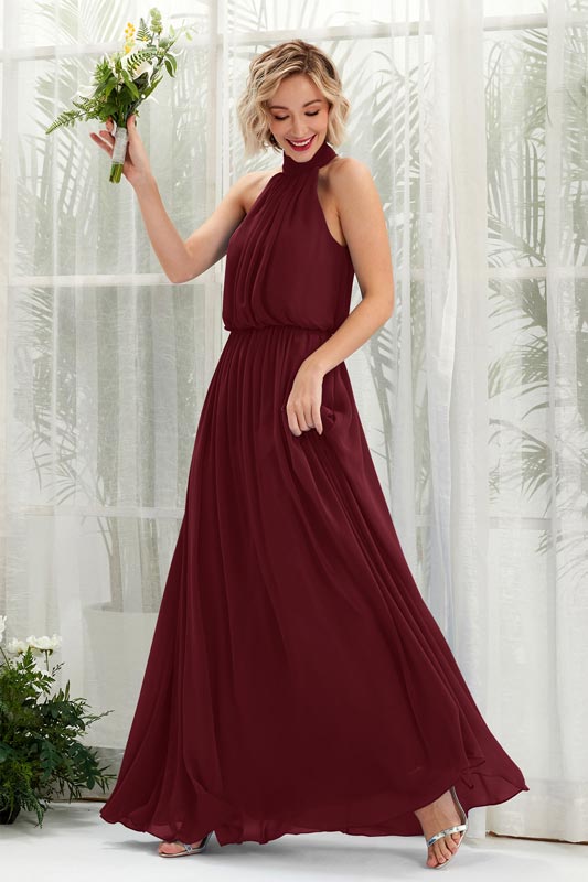 A-Line Chiffon Halter Sleeveless Floor-Length Bridesmaid Dress for Wedding Party