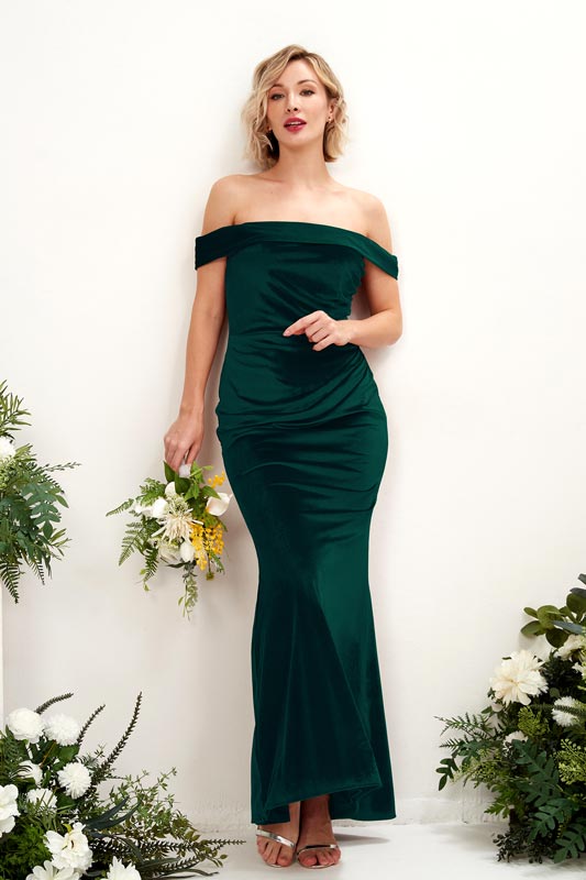 Meerjungfrau Samt schulterfreies ärmelloses bodenlanges Brautjungfernkleid für Hochzeiten