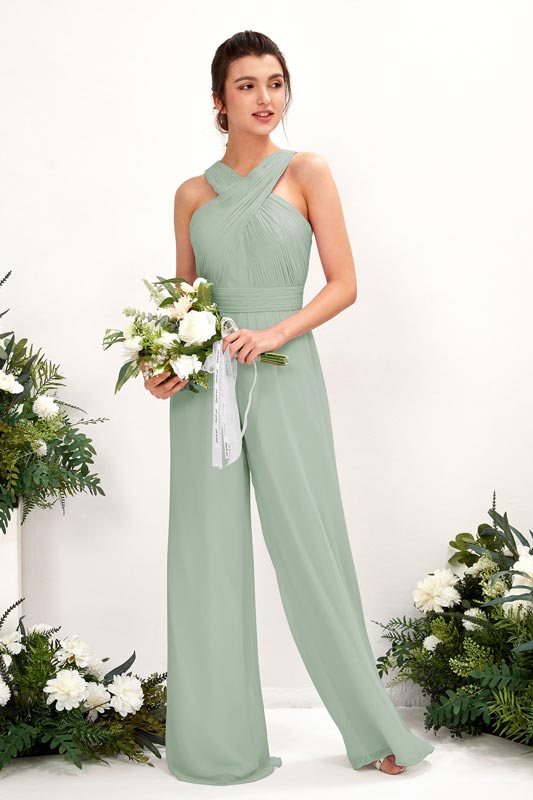 Vestido de dama de honor A‑line de gasa con escote en V, sin mangas y largo hasta el suelo para boda