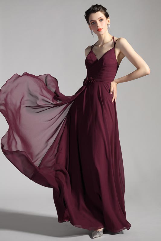 Burgundy Halter V-Cut Elegant Chiffon Bridesmaid Dress