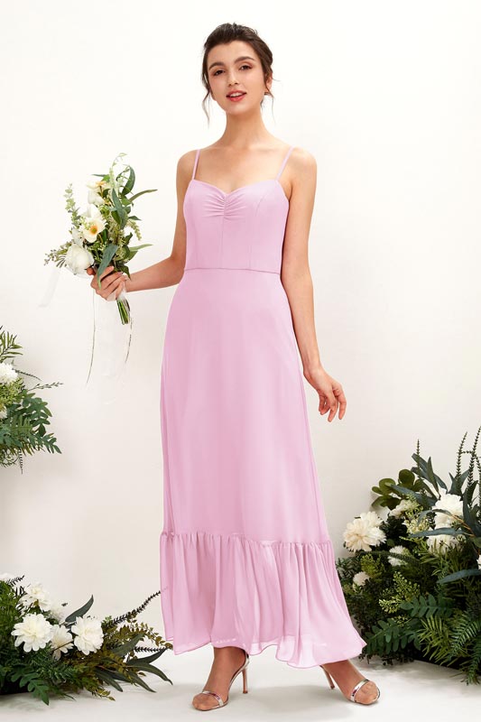 Robe demoiselle d’honneur en mousseline avec bretelles spaghetti, sans manches et longueur au sol pour mariage
