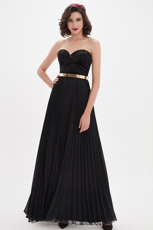 Black Sweetheart Velvet Corset Gold Belt Prom Party Dress