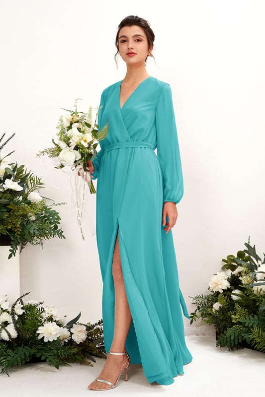 A‑Linien Chiffon V‑Ausschnitt Langarm bodenlanges Brautjungfernkleid für Hochzeiten