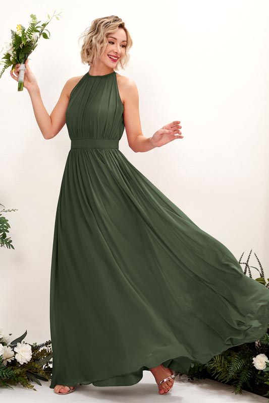 A‑Linien Chiffon Halter ärmelloses bodenlanges Brautjungfernkleid für Hochzeiten
