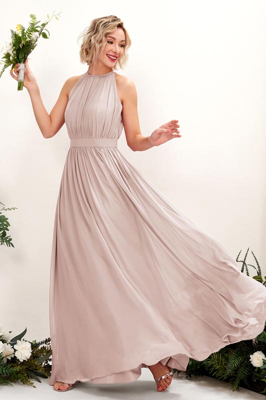 A‑Linien Chiffon Halter ärmelloses bodenlanges Brautjungfernkleid für Hochzeiten