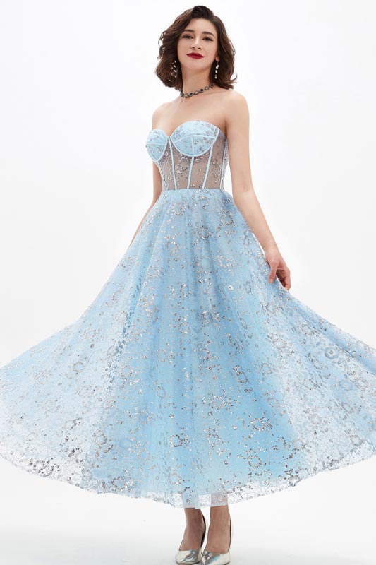 blue tea length dress