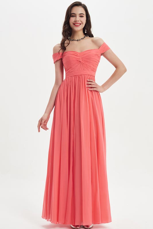 Elegant Off Shoulder Coral Wedding Bridesmaid Dress