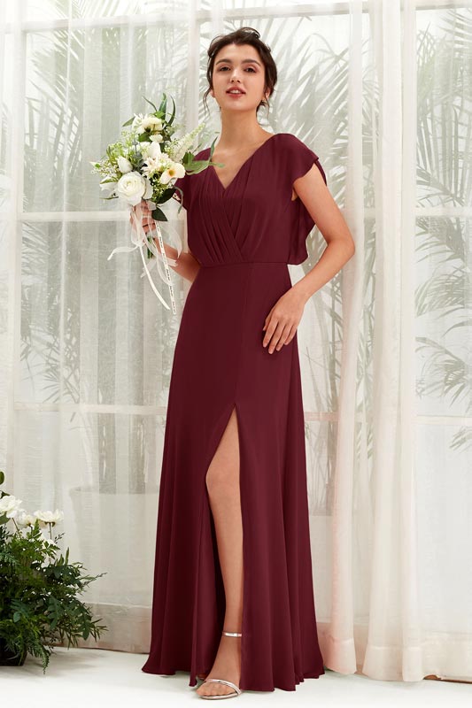 A‑Linien Chiffon V‑Ausschnitt Kurzarm bodenlanges Brautjungfernkleid für Hochzeiten