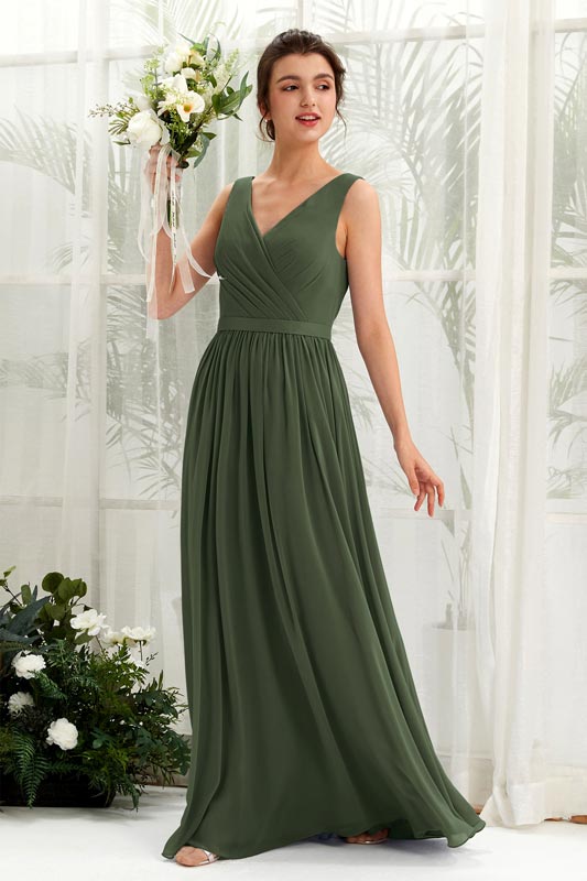 A‑Linien Chiffon V‑Ausschnitt ärmelloses bodenlanges Brautjungfernkleid für Hochzeiten