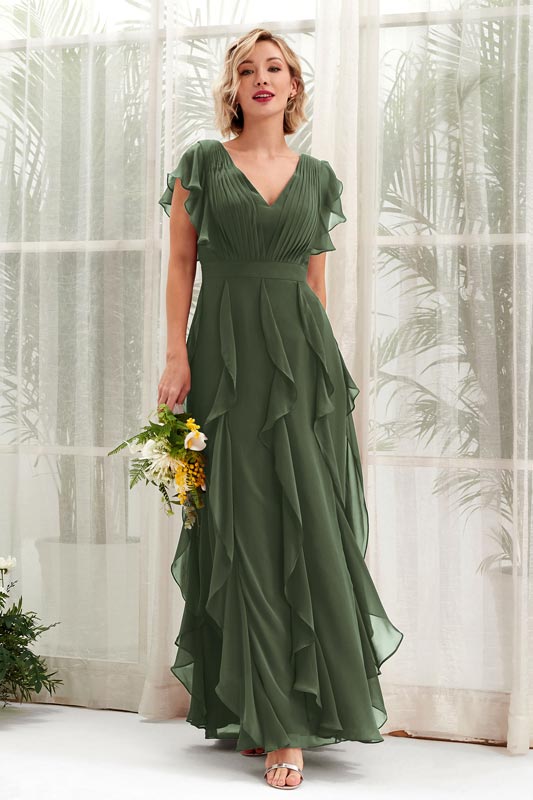 Robe demoiselle d’honneur A‑line en mousseline avec décolleté en V, manches courtes et longueur au sol pour mariage