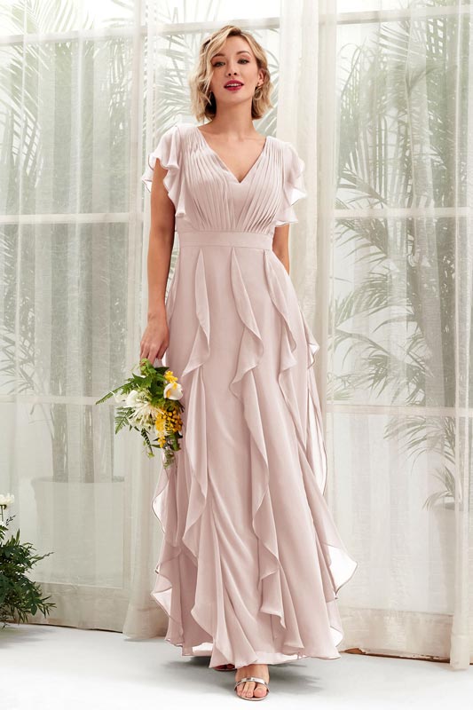 A‑Linien Chiffon V‑Ausschnitt Kurzarm bodenlanges Brautjungfernkleid für Hochzeiten