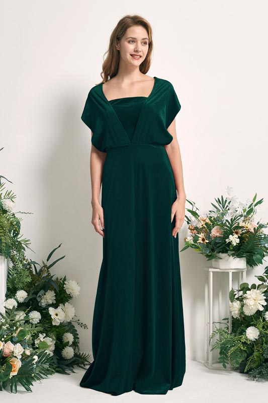 Robe demoiselle d’honneur A‑line en velours à épaules dénudées, sans manches et longueur au sol pour mariage