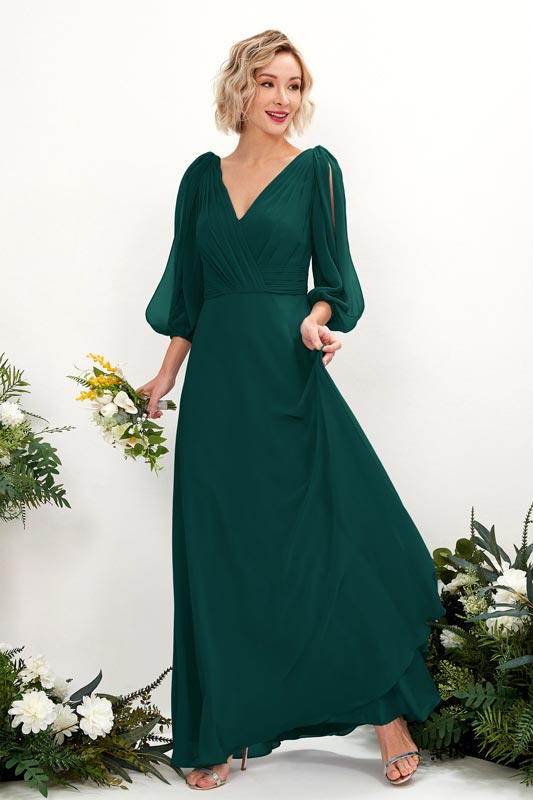 Chiffon V-Neck Long Sleeve Floor-Length Bridesmaid Dress for Wedding Party