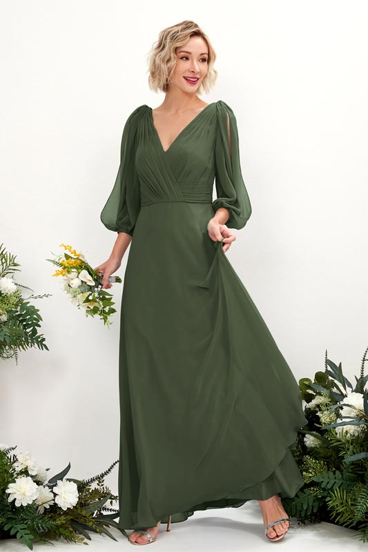 Chiffon V-Neck Long Sleeve Floor-Length Bridesmaid Dress for Wedding Party