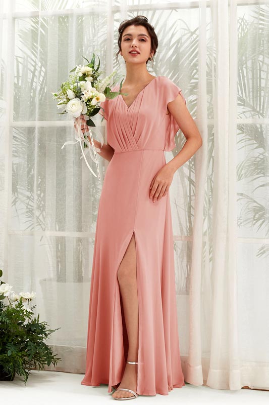 A‑Linien Chiffon V‑Ausschnitt Kurzarm bodenlanges Brautjungfernkleid für Hochzeiten