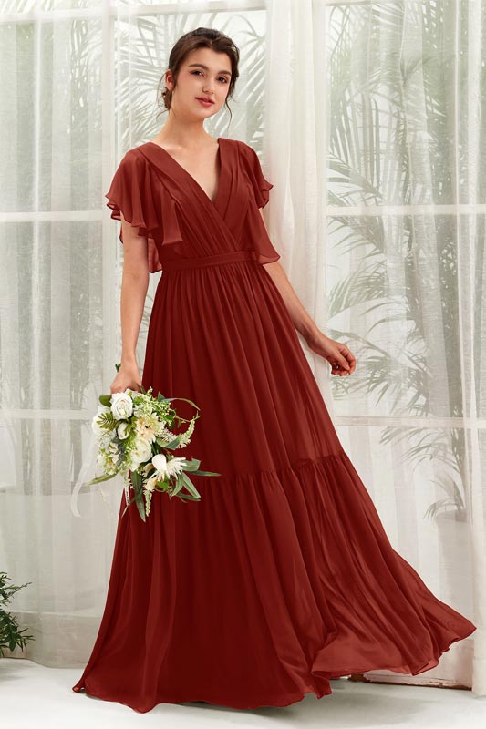 A‑Linien Chiffon V‑Ausschnitt Kurzarm bodenlanges Brautjungfernkleid für Hochzeiten