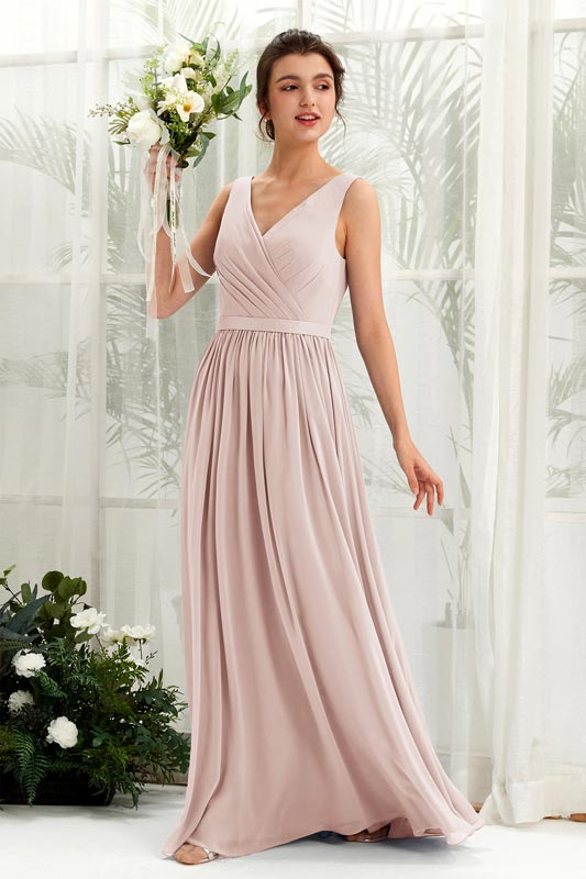 A‑Linien Chiffon V‑Ausschnitt ärmelloses bodenlanges Brautjungfernkleid für Hochzeiten