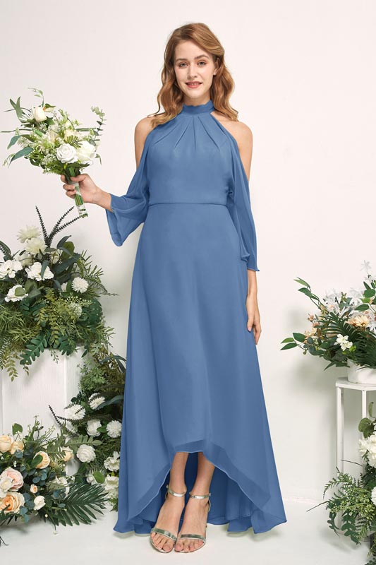 A-Line Chiffon Halter High Low 3/4 Sleeve Wedding Party Dress