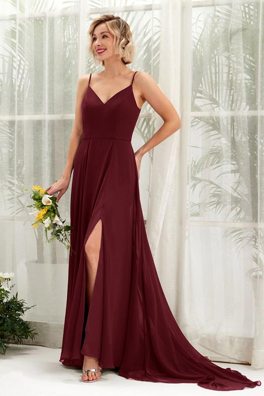 Robe demoiselle d’honneur A‑line en mousseline avec décolleté en V, sans manches et longueur au sol pour mariage