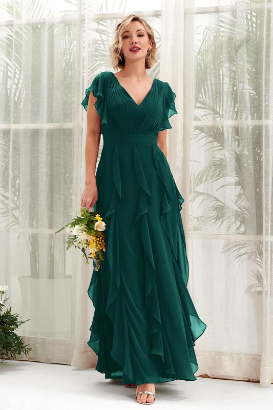 Robe demoiselle d’honneur A‑line en mousseline avec décolleté en V, manches courtes et longueur au sol pour mariage