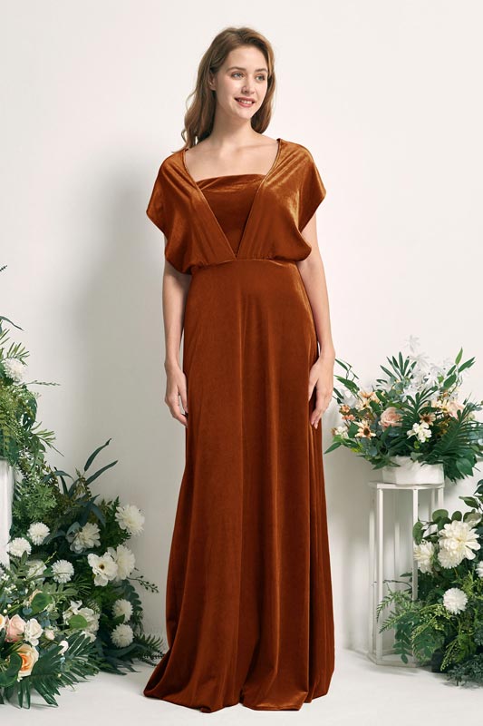 Robe demoiselle d’honneur A‑line en velours à épaules dénudées, sans manches et longueur au sol pour mariage