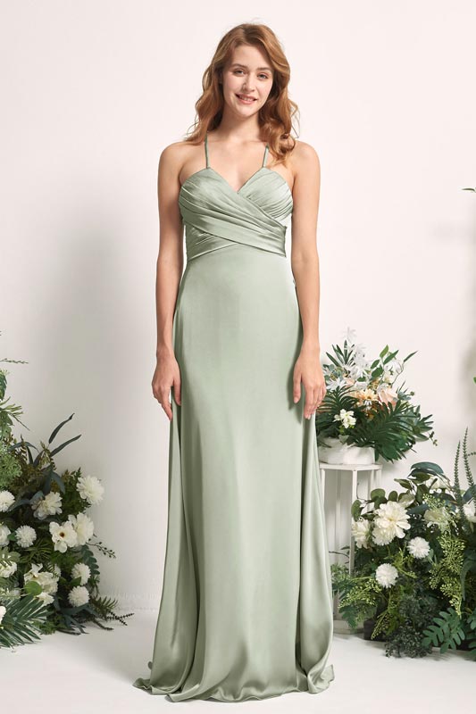 A-Line Satin Spaghetti Straps Floor-Length Sleeveless Bridesmaid Dress for Wedding Party