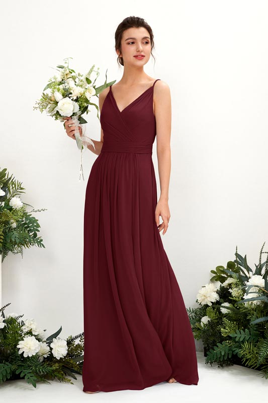 Robe demoiselle d’honneur A‑line en mousseline avec bretelles spaghetti, sans manches et longueur au sol pour mariage
