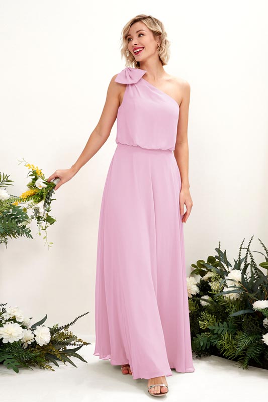 Robe demoiselle d’honneur A‑line en mousseline à une épaule, sans manches et longueur au sol pour mariage