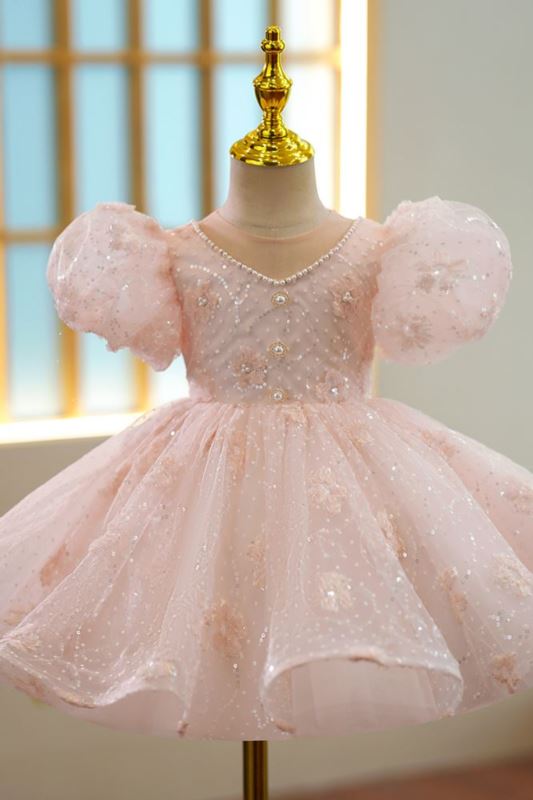 V-Col Pailleté robes de demoiselle d'honneur - fillette in Rose