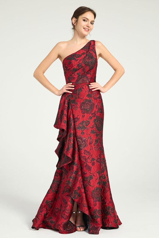 Mermaid Ruffled One-Shoulder Floral Jacquard Formal Dress