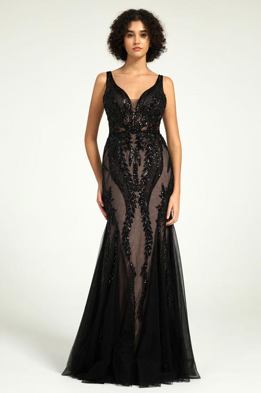 Meerjungfrau Nude Illusion Abendkleid mit schwarzen Pailletten