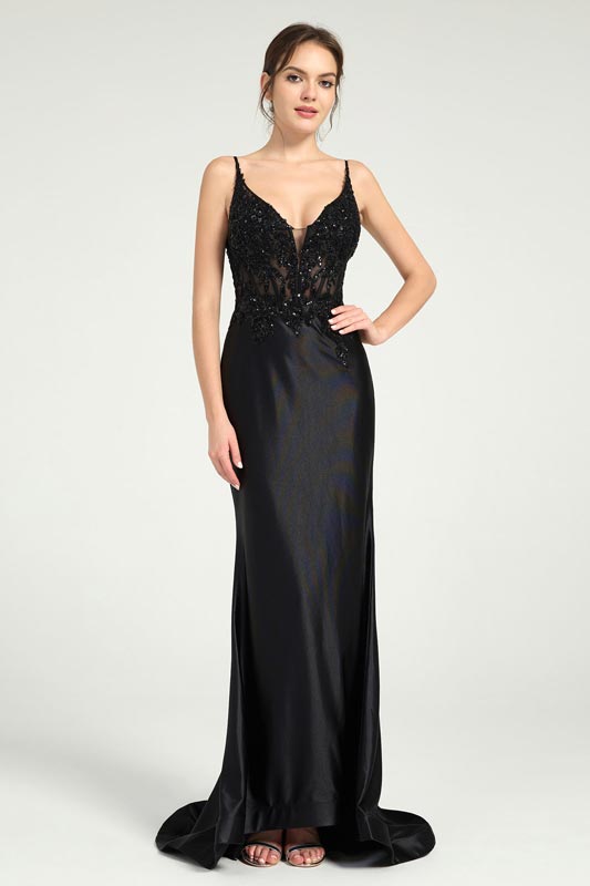 Robe de Bal en Perles et Dentelles avec Col en V et Jupe Asymétrique