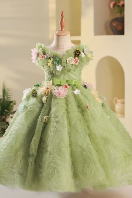 Princess Round Floor Length Tulle Flower Girl Dress in Sage Green