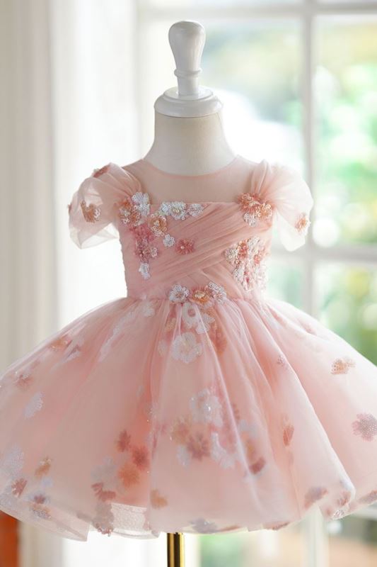 Princess Round Tea Length Tulle Flower Girl Dress in Pink
