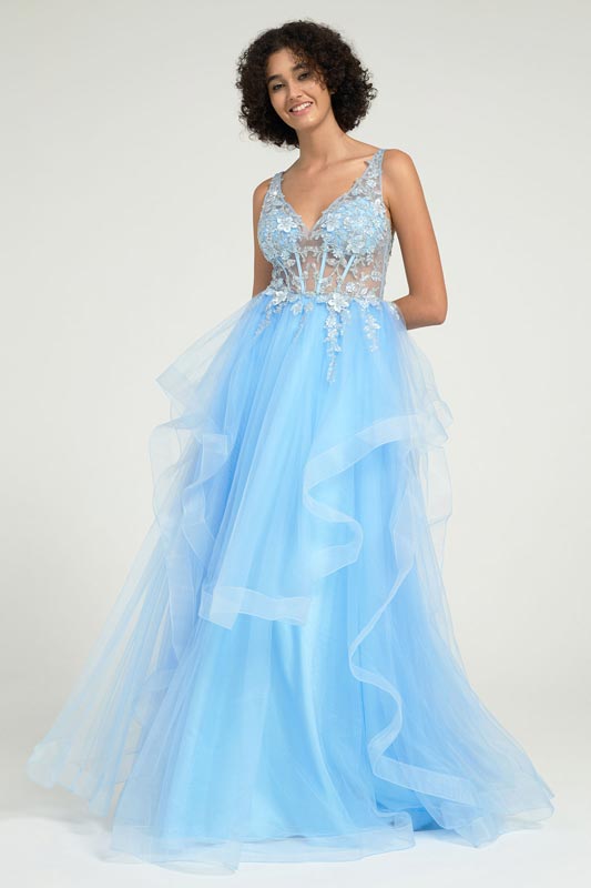 Gorgeous A-Line Ruffled Lace Tulle Long Prom Dress with Beading