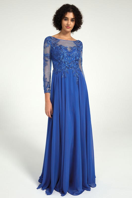 Royal Blue Long Sleeve Mother of the Bride Dress with Lace Embroidery