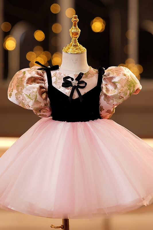 Princess Round Tea Length Satin Flower Girl Dress in Pink