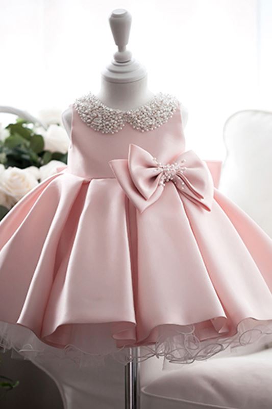 Princess Round Tea Length Satin Flower Girl Dress Pink