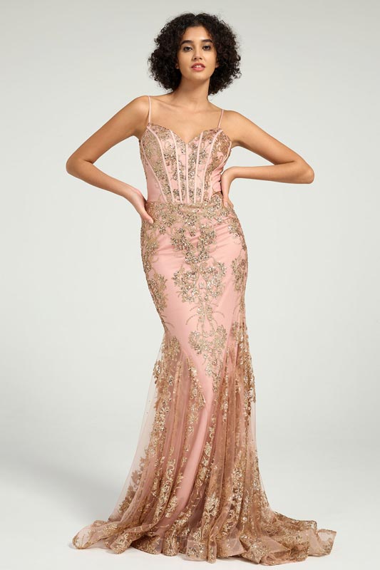 Pink Long Fit & Flare Corset Prom Dress with Rose Gold Glitter Print