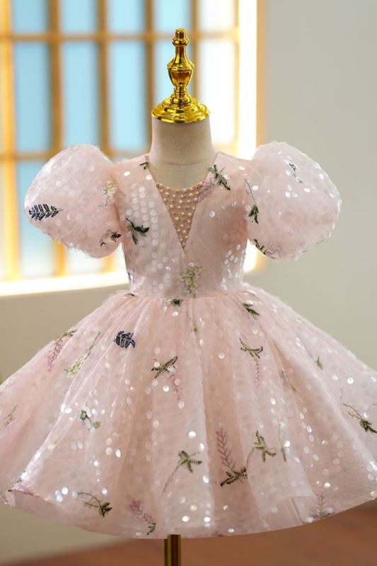 Prinzessin Wadenlang Pailletten Blumenmädchenkleider in Rosa