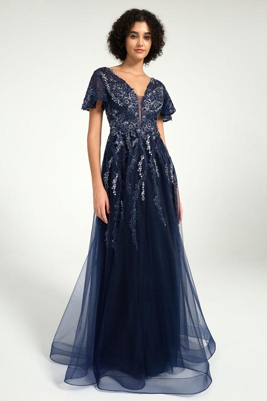 Navy A-Line Maxi Dress with Embroidered Lace and Deep V-Neckline